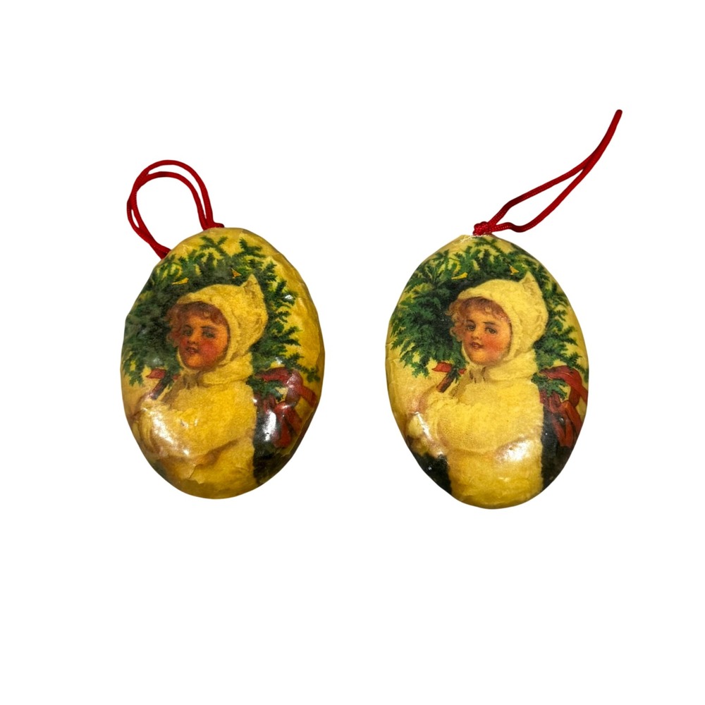 VTG Victorian Child Decoupage Christmas Ornaments Set 2 Cottagecore Holiday Xmas